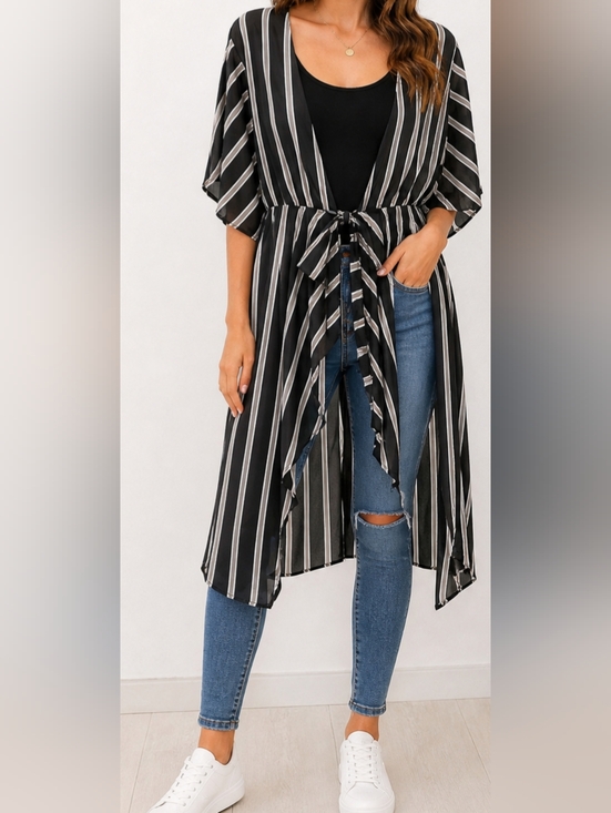 Fashion Nova Sweaters - Fashion Nova Women's Sheer Hi Low Striped Drape Cardigan Cover Up Black Size XL